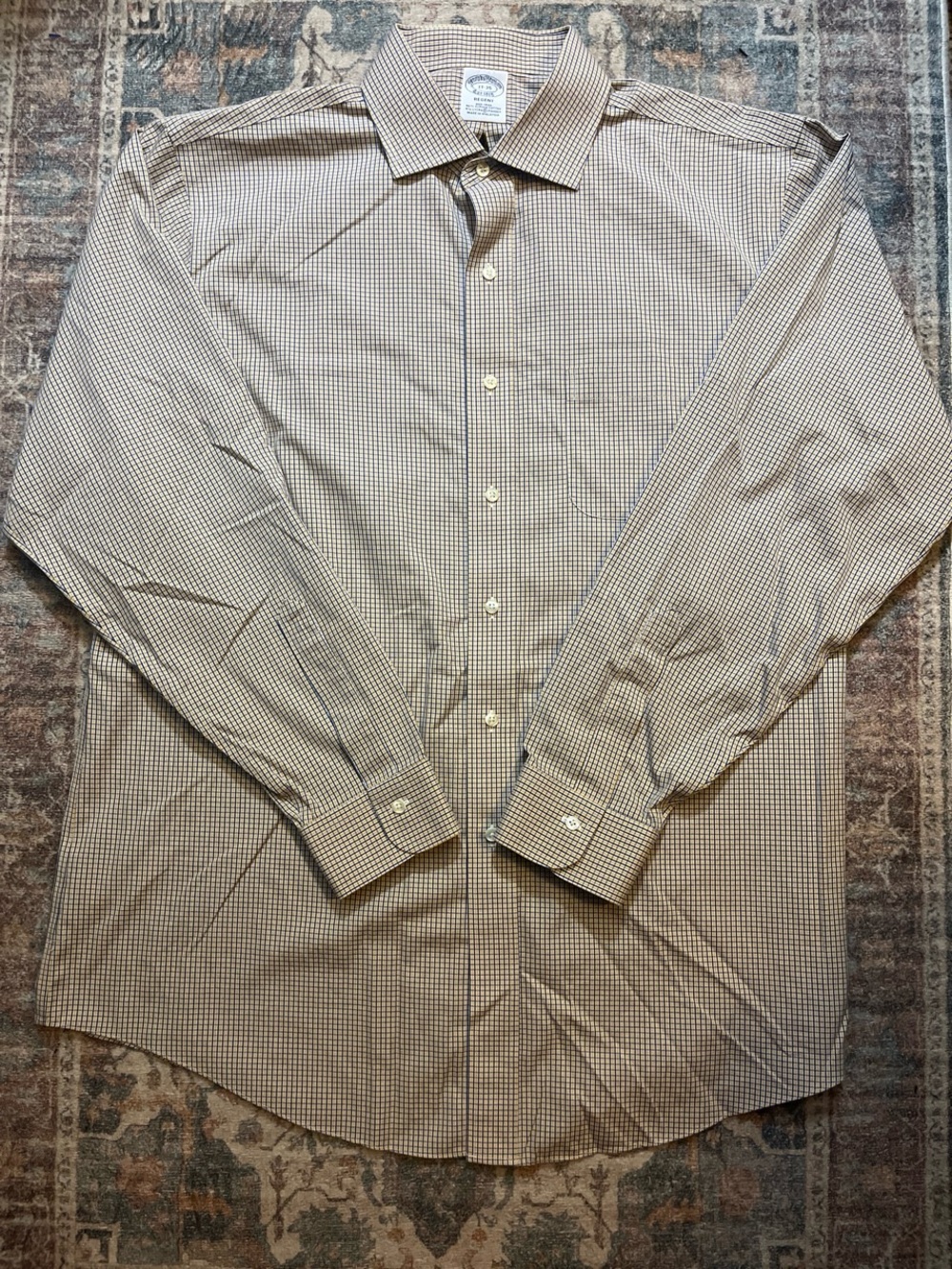 Brooks Brothers Men's Tan and Blue Micro-Check Dress Shirt